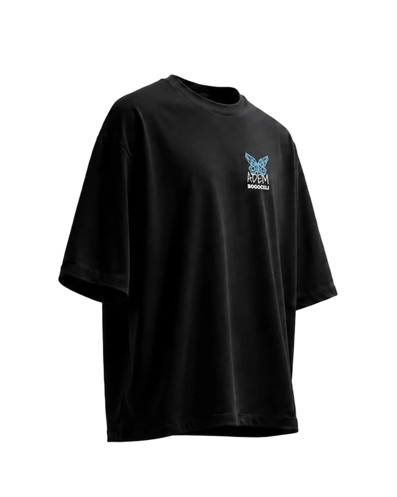 EMPOWERMENT Oversized Half Wing - schwarzes Oversized-Unisex-T-Shirt mit blauem Print, Seitenansicht