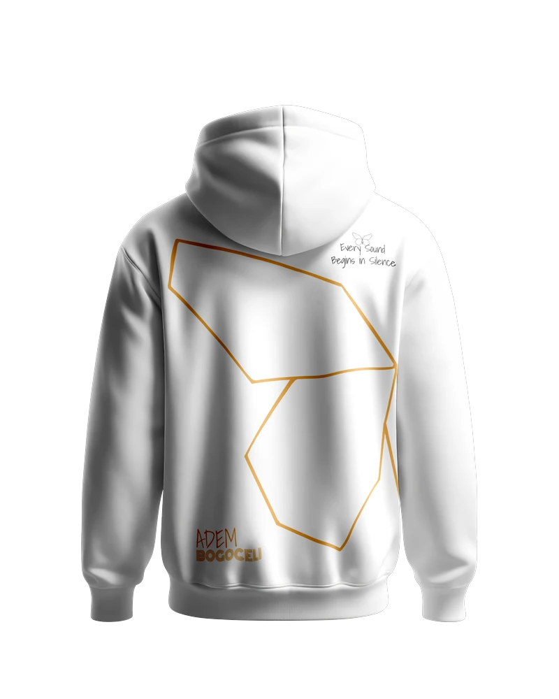 Weißer Hoodie ADEM BOGOCELI AWAKENING Prelude Wing, Rückenansicht mit Halbflügel-Print, Printvariante Orange
