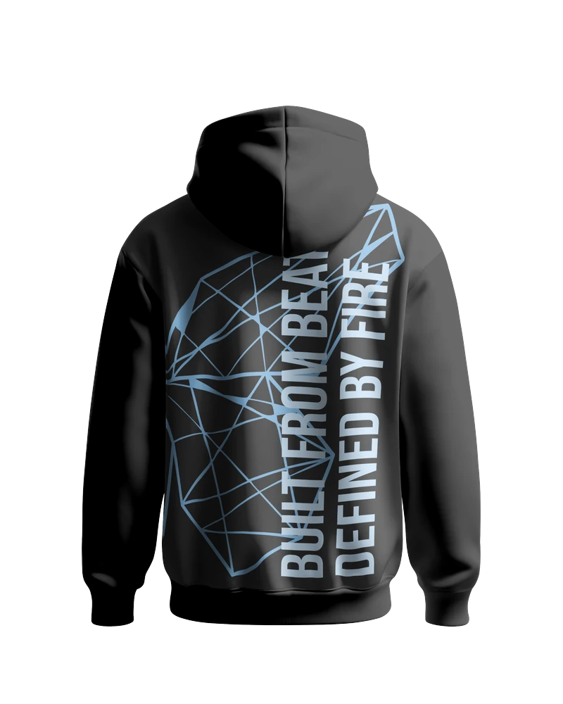 Schwarzer Hoodie ADEM BOGOCELI EMPOWERMENT Half Wing, Rückenansicht mit Halbflügel-Print, Printvariante Blau