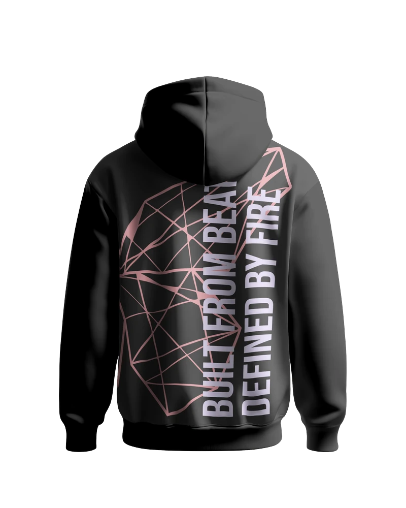 Schwarzer Hoodie ADEM BOGOCELI EMPOWERMENT Half Wing, Rückenansicht mit Halbflügel-Print, Printvariante Pink