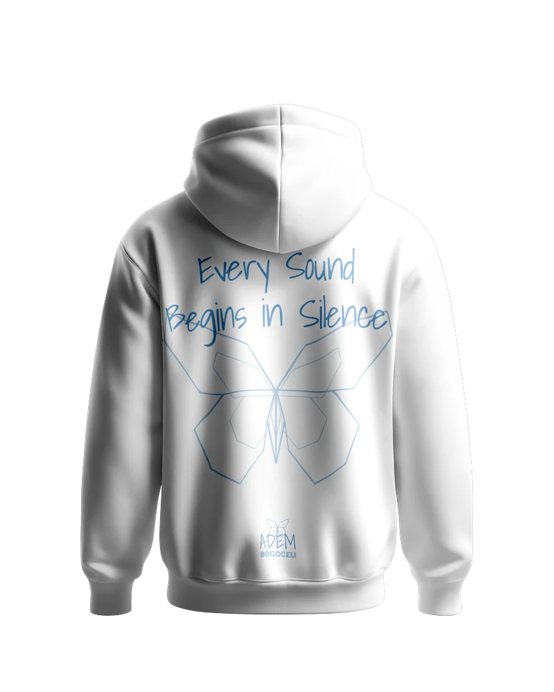 Weißer Hoodie ADEM BOGOCELI AWAKENING Silent Verse, Rückenansicht mit Schmetterling-Print, Printvariante Blau