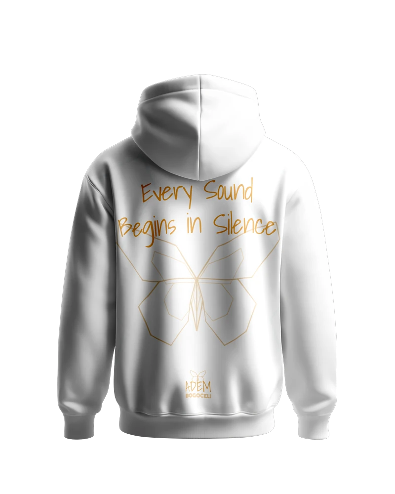 Weißer Hoodie ADEM BOGOCELI AWAKENING Silent Verse, Rückenansicht mit Schmetterling-Print, Printvariante Orange
