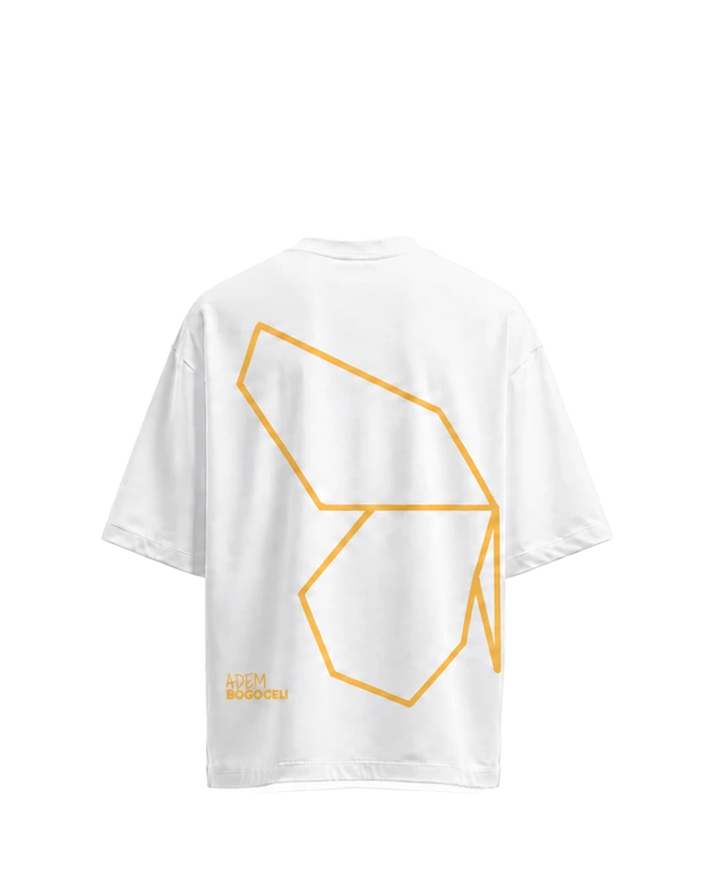 AWAKENING Oversized Prelude Wing - weißes Unisex-T-Shirt, Rückseite mit orangefarbenem Halbflügel-Print