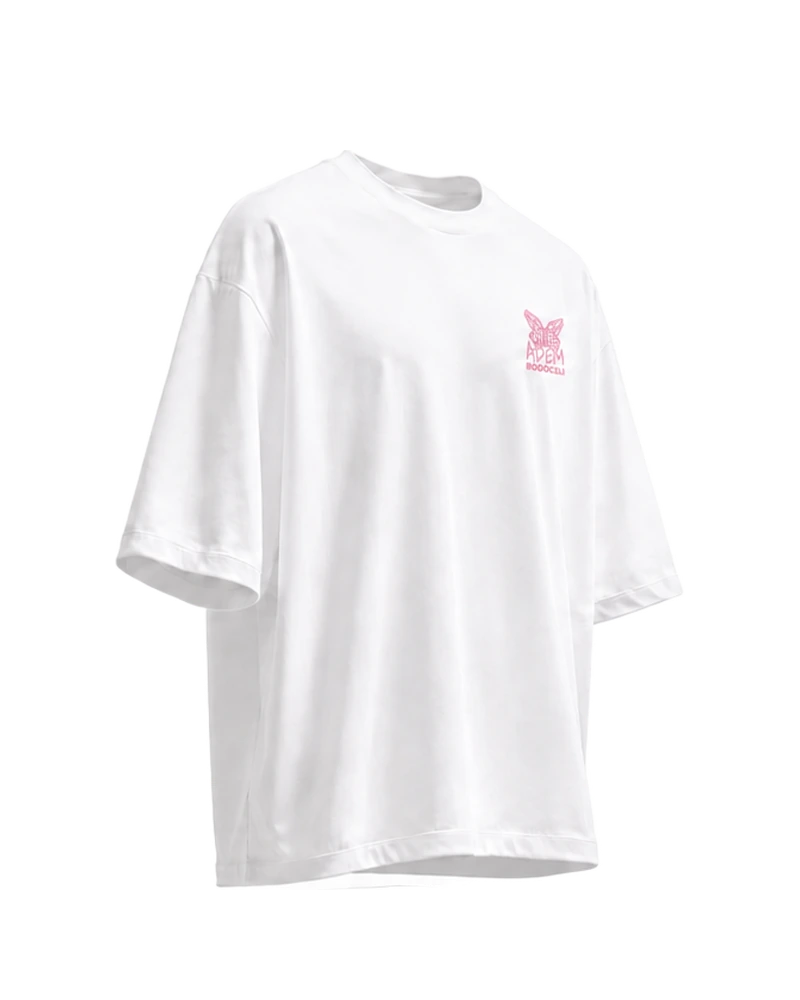 AWAKENING Oversized Prelude Wing - weißes Oversized-Unisex-T-Shirt mit pinkfarbenem Print, Seitenansicht