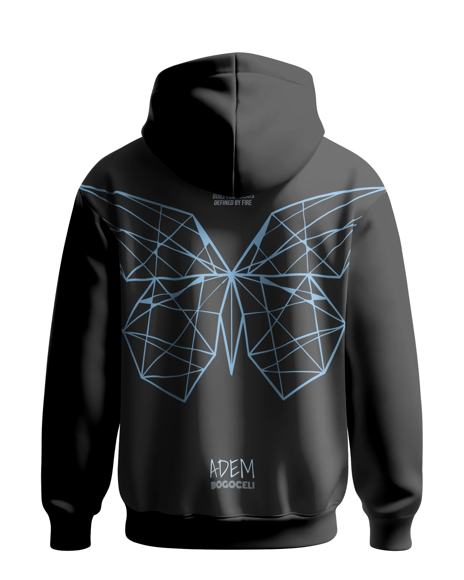 Schwarzer Hoodie ADEM BOGOCELI EMPOWERMENT Full Wing, Rückenansicht mit facettiertem Schmetterling, Printvariante Blau