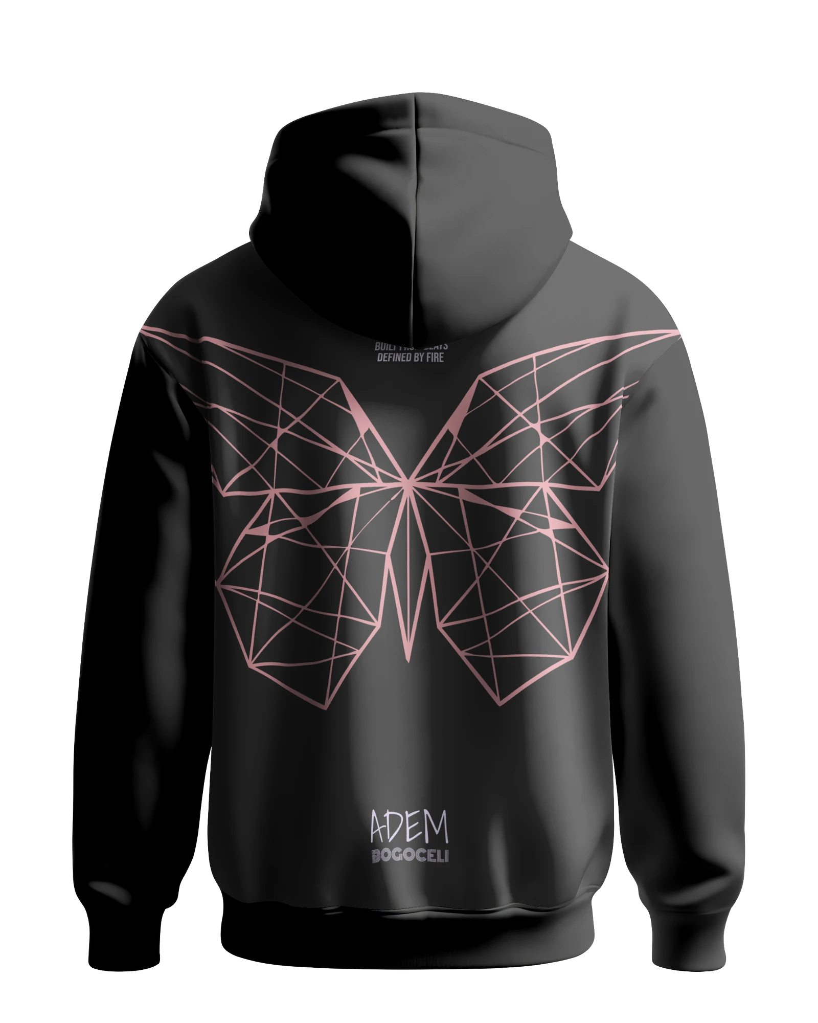 Schwarzer Hoodie ADEM BOGOCELI EMPOWERMENT Full Wing, Rückenansicht mit facettiertem Schmetterling, Printvariante Pink