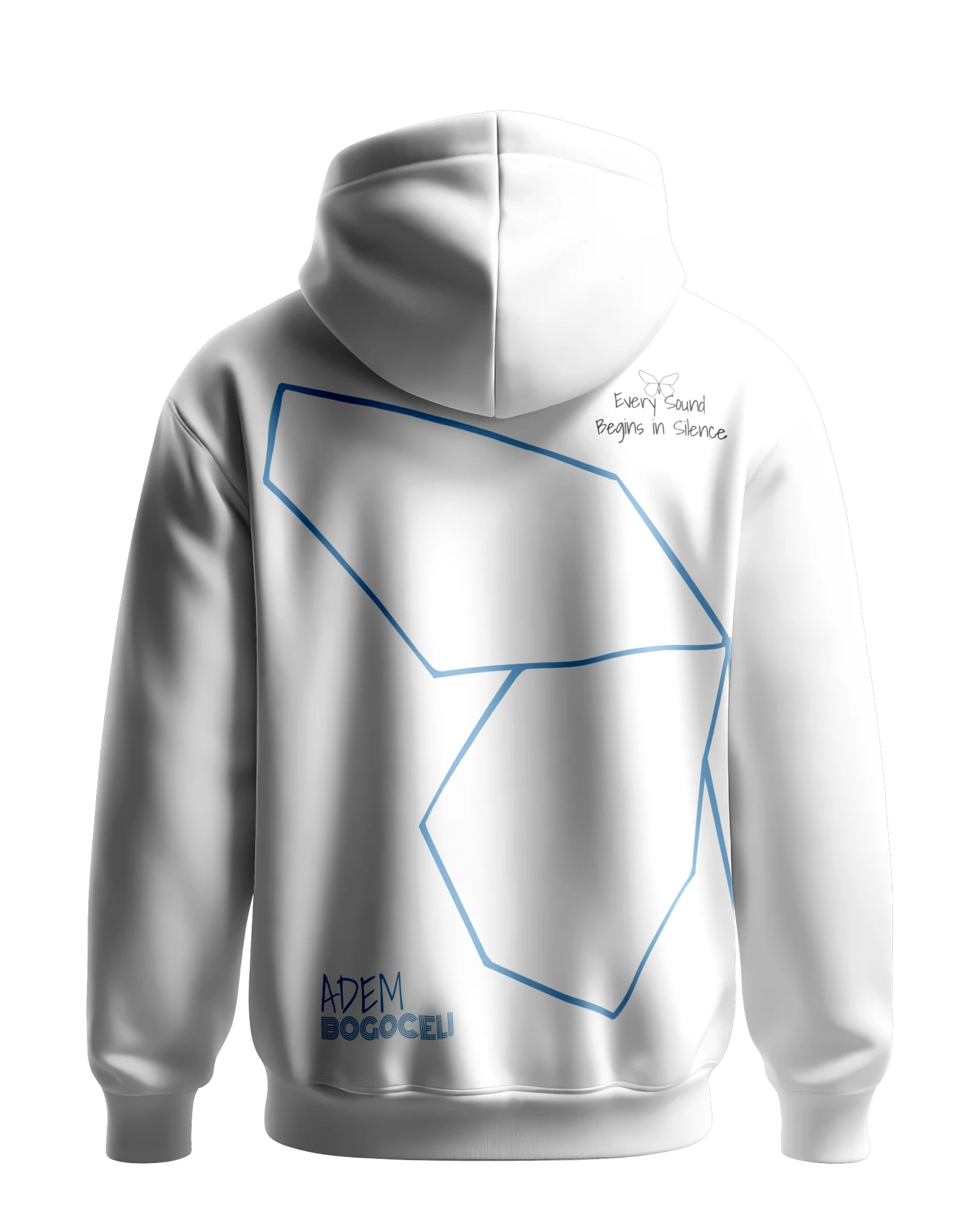 Weißer Hoodie ADEM BOGOCELI AWAKENING Prelude Wing, Rückenansicht mit Halbflügel-Print, Printvariante Blau