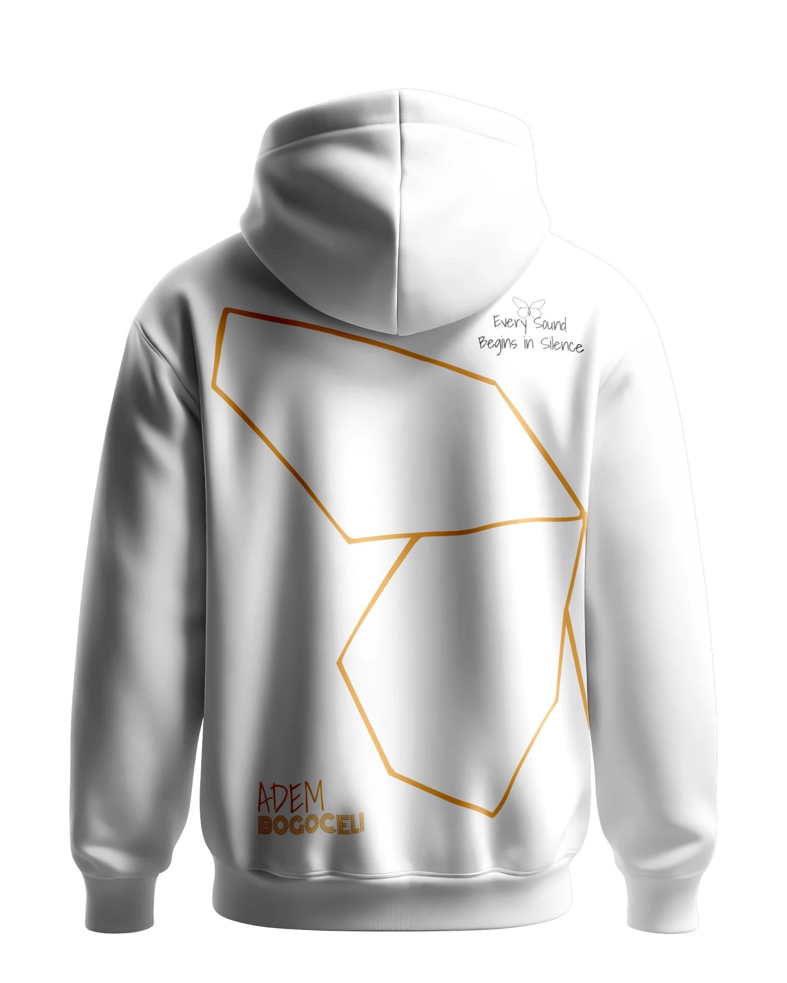 Weißer Hoodie ADEM BOGOCELI AWAKENING Prelude Wing, Rückenansicht mit Halbflügel-Print, Printvariante Orange