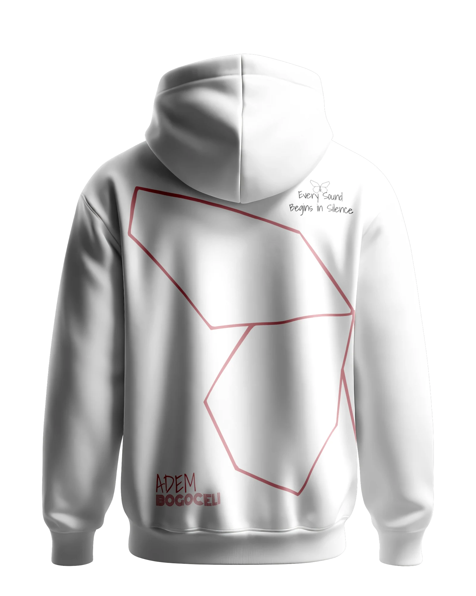 Weißer Hoodie ADEM BOGOCELI AWAKENING Prelude Wing, Rückenansicht mit Halbflügel-Print, Printvariante Pink