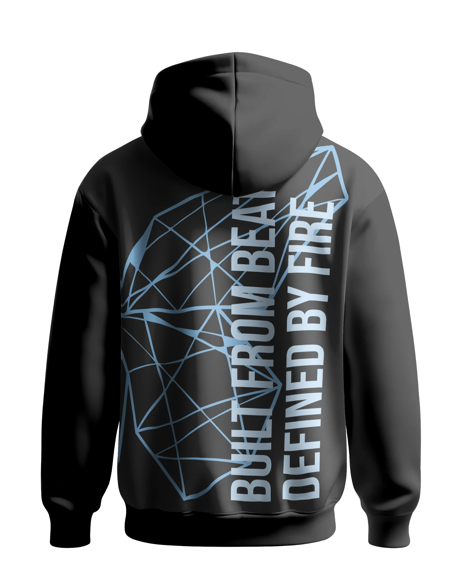 Schwarzer Hoodie ADEM BOGOCELI EMPOWERMENT Half Wing, Rückenansicht mit Halbflügel-Print, Printvariante Blau
