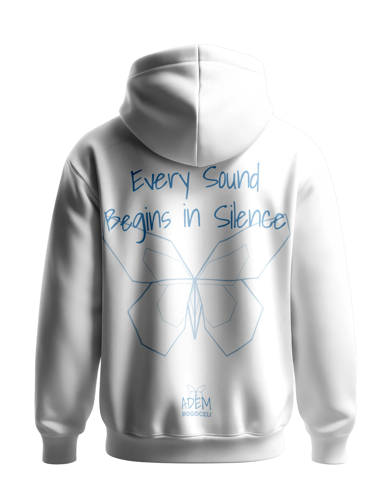 Weißer Hoodie ADEM BOGOCELI AWAKENING Silent Verse, Rückenansicht mit Schmetterling-Print, Printvariante Blau