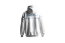 Weißer Hoodie ADEM BOGOCELI AWAKENING Silent Verse, Rückenansicht mit Schmetterling-Print, Printvariante Blau