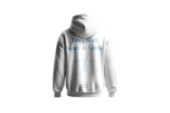 Weißer Hoodie ADEM BOGOCELI AWAKENING Silent Verse, Rückenansicht mit Schmetterling-Print, Printvariante Blau