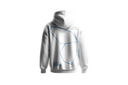Weißer Hoodie ADEM BOGOCELI AWAKENING Prelude Wing, Rückenansicht mit Halbflügel-Print, Printvariante Blau