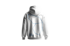 Weißer Hoodie ADEM BOGOCELI AWAKENING Prelude Wing, Rückenansicht mit Halbflügel-Print, Printvariante Blau