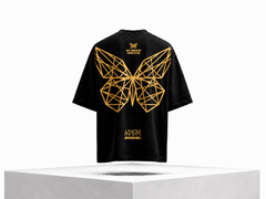 EMPOWERMENT Oversized Full Wing - schwarzes Unisex-T-Shirt, Rückseite mit orangefarbenem Schmetterlingsprint