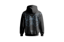 Schwarzer Hoodie ADEM BOGOCELI EMPOWERMENT Full Wing, Rückenansicht mit facettiertem Schmetterling, Printvariante Blau