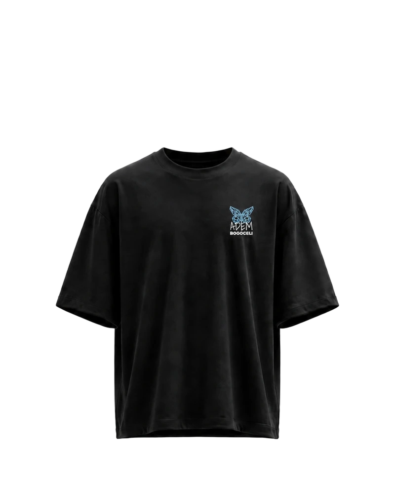 EMPOWERMENT Oversized Full Wing - schwarzes Oversized-Unisex-T-Shirt mit blauem Print, Vorderansicht