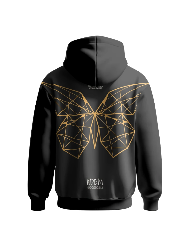 Schwarzer Hoodie ADEM BOGOCELI EMPOWERMENT Full Wing, Rückenansicht mit facettiertem Schmetterling, Printvariante Orange