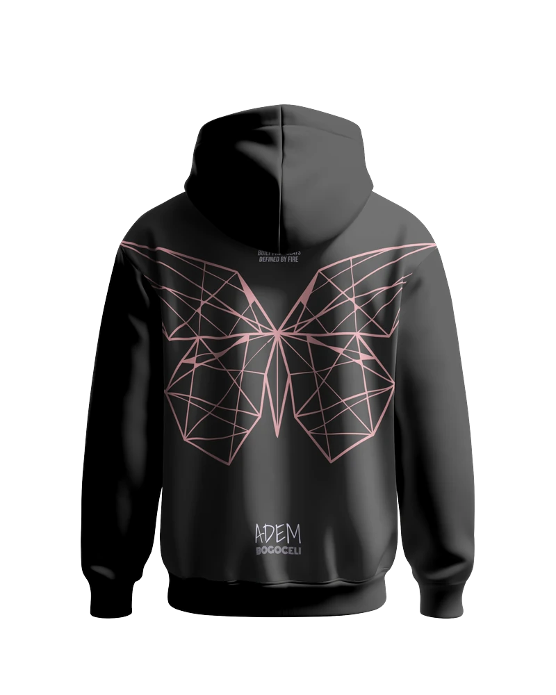 Schwarzer Hoodie ADEM BOGOCELI EMPOWERMENT Full Wing, Rückenansicht mit facettiertem Schmetterling, Printvariante Pink