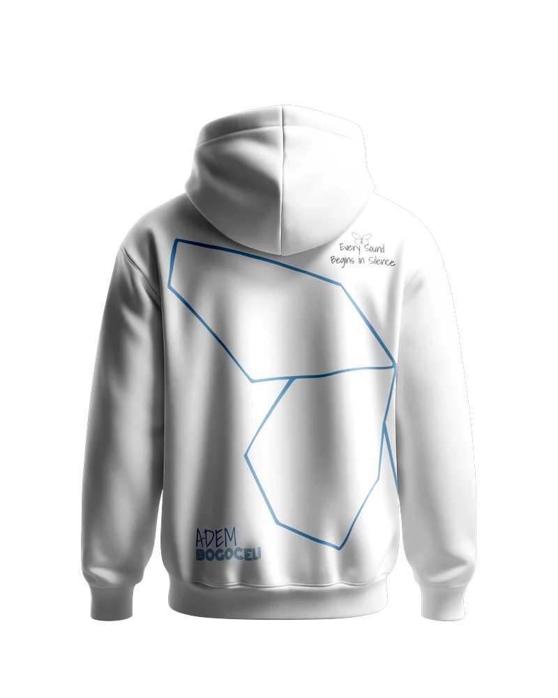 Weißer Hoodie ADEM BOGOCELI AWAKENING Prelude Wing, Rückenansicht mit Halbflügel-Print, Printvariante Blau