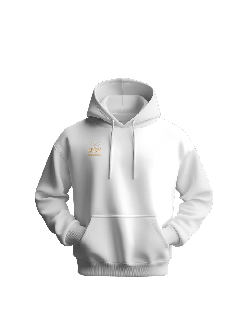 Weißer Hoodie ADEM BOGOCELI AWAKENING Prelude Wing, Vorderansicht, Printvariante Orange