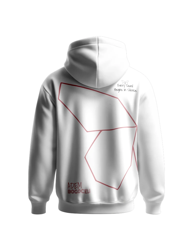 Weißer Hoodie ADEM BOGOCELI AWAKENING Prelude Wing, Rückenansicht mit Halbflügel-Print, Printvariante Pink