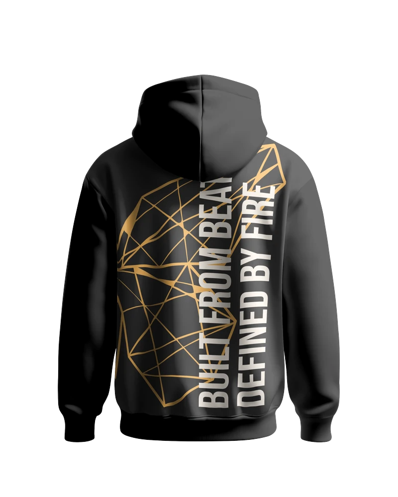 Schwarzer Hoodie ADEM BOGOCELI EMPOWERMENT Half Wing, Rückenansicht mit Halbflügel-Print, Printvariante Orange