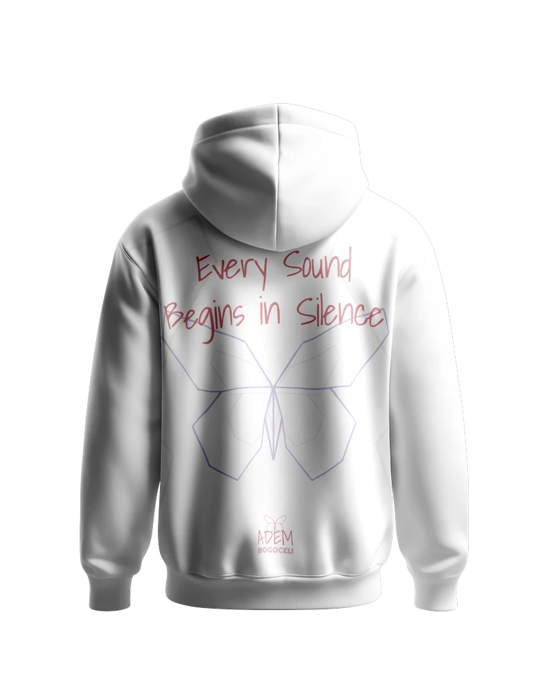 Weißer Hoodie ADEM BOGOCELI AWAKENING Silent Verse, Rückenansicht mit Schmetterling-Print, Printvariante Pink