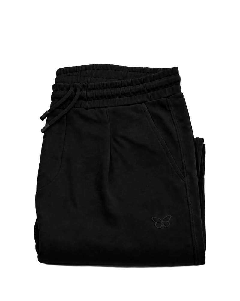 BASIC JOGGER - schwarze Unisex-Jogginghose mit Ton-in-Ton-Schmetterling, gefaltet mit sichtbarem Kordelzug