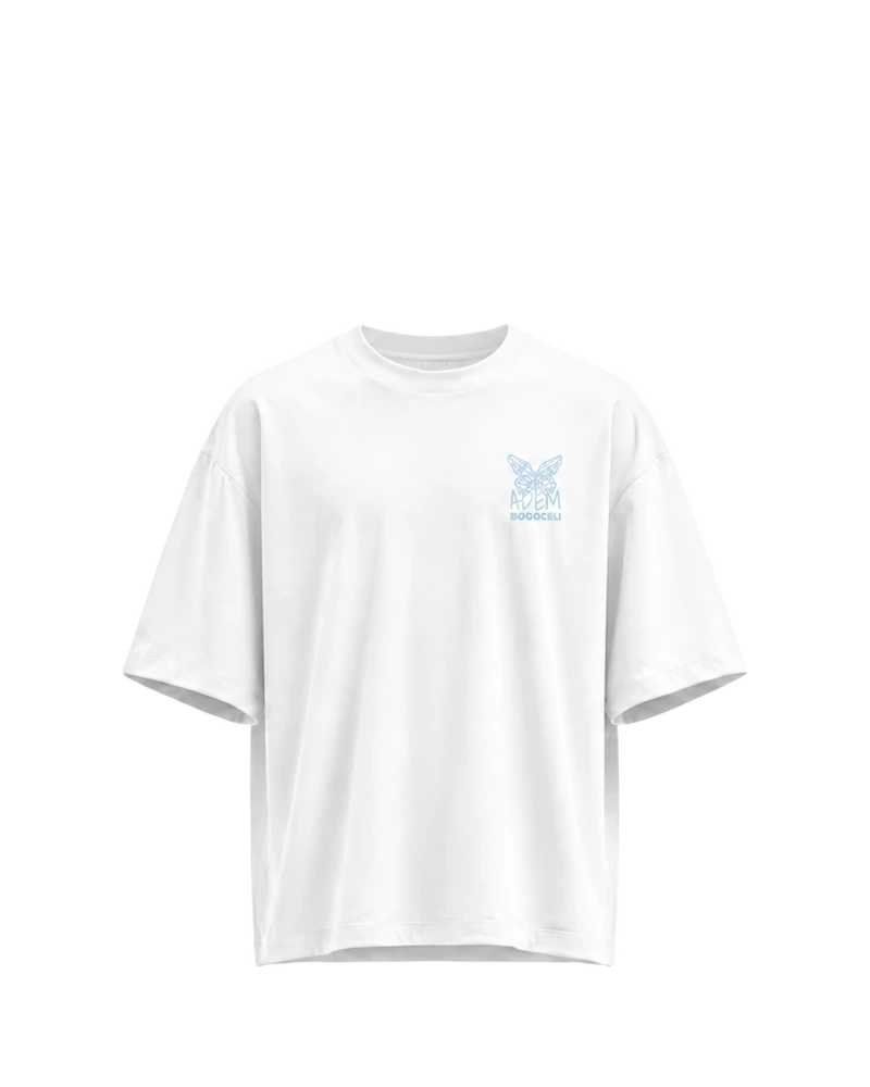 AWAKENING Oversized Silent Verse - weißes Oversized-Unisex-T-Shirt mit blauem Printdetails, Vorderansicht