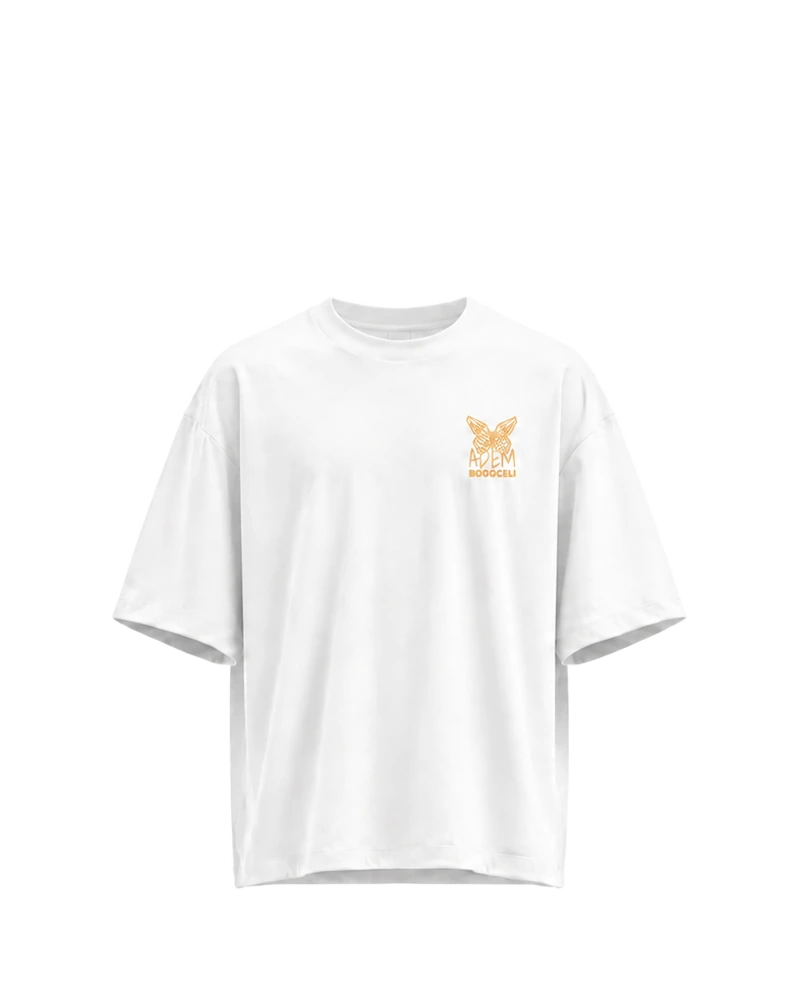 AWAKENING Oversized Silent Verse - weißes Oversized-Unisex-T-Shirt mit orangefarbenen Printdetails, Vorderansicht
