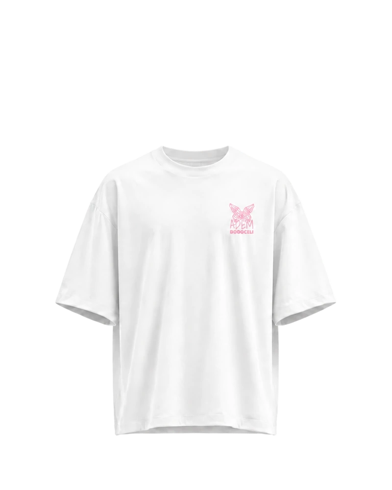 AWAKENING Oversized Silent Verse - weißes Oversized-Unisex-T-Shirt mit pinkfarbenem Printdetails, Vorderansicht