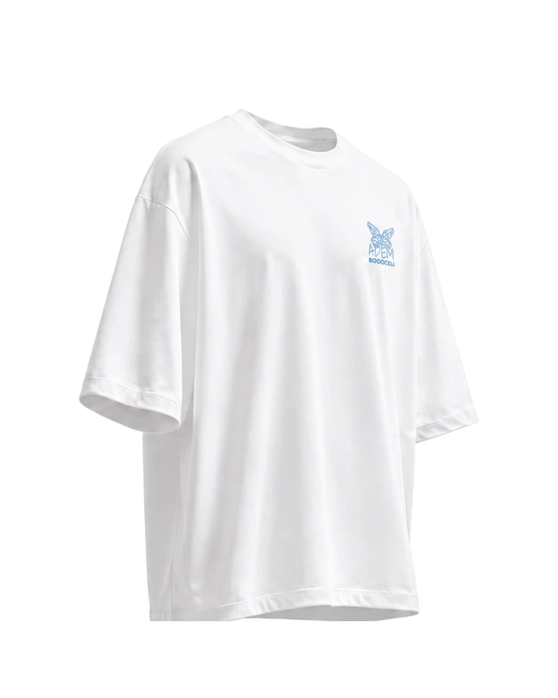 AWAKENING Oversized Prelude Wing - weißes Oversized-Unisex-T-Shirt mit blauem Print, Seitenansicht
