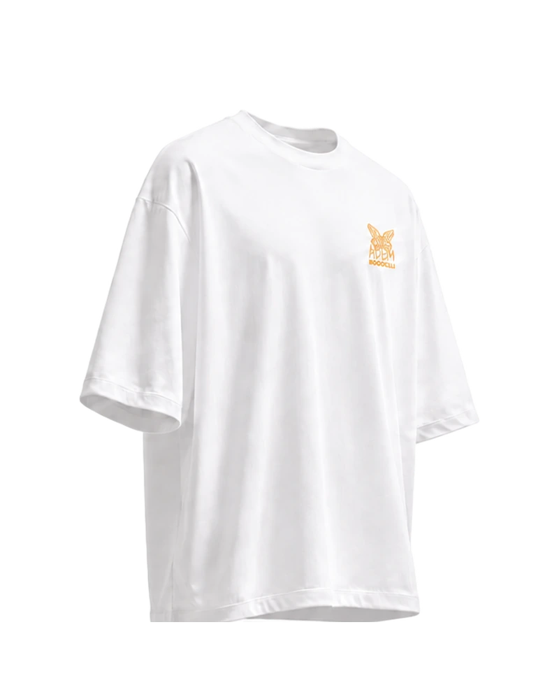AWAKENING Oversized Prelude Wing - weißes Oversized-Unisex-T-Shirt mit orangefarbenem Print, Seitenansicht