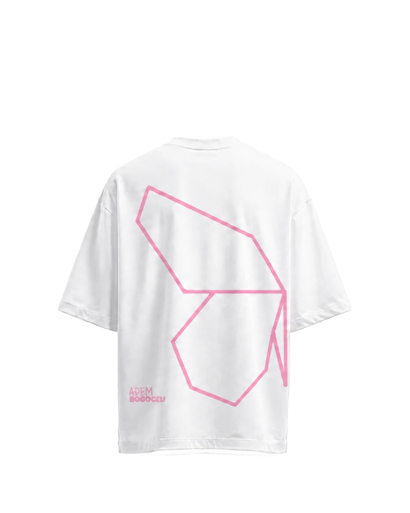 AWAKENING Oversized Prelude Wing - weißes Unisex-T-Shirt, Rückseite mit pinkfarbenem Halbflügel-Print