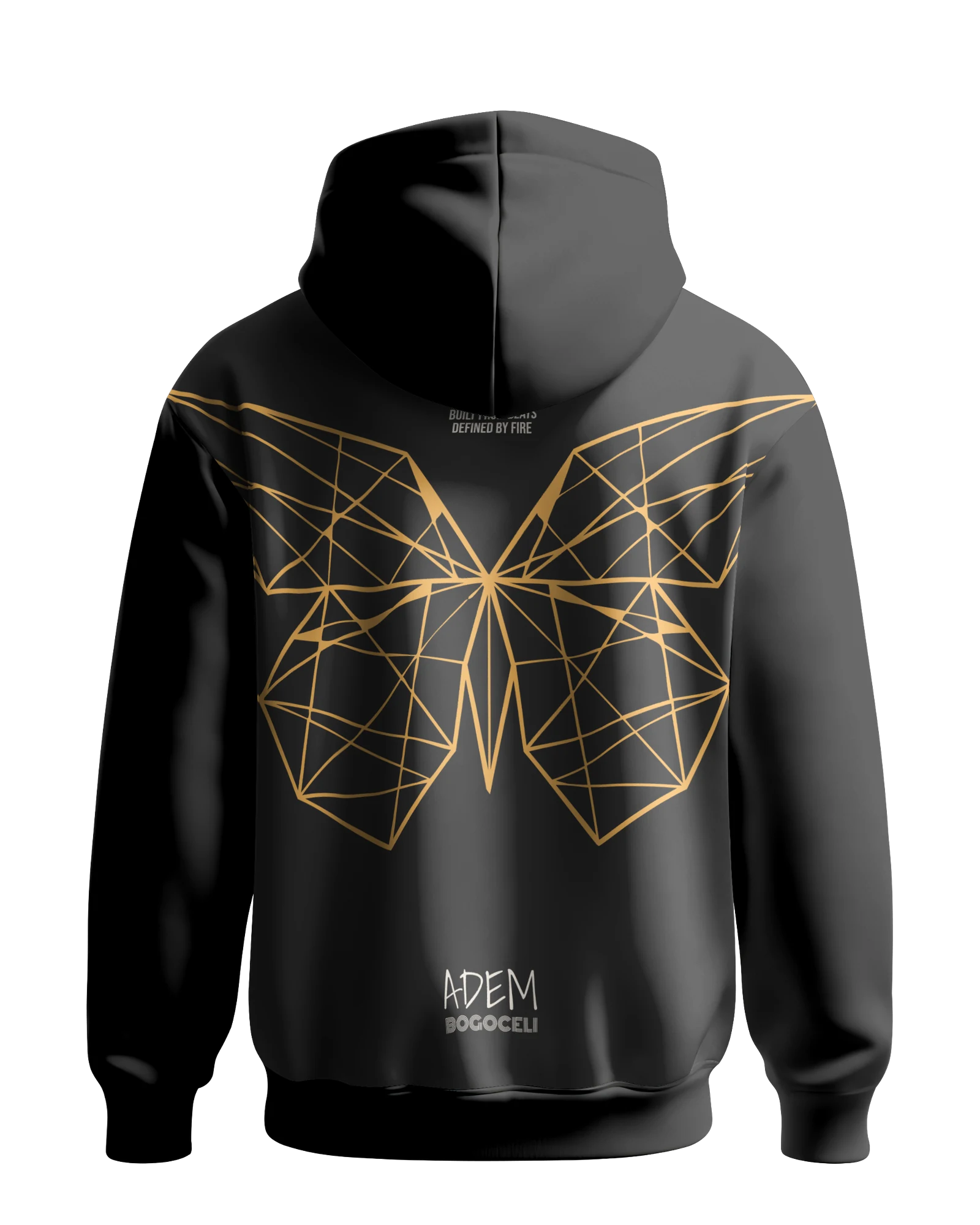 Schwarzer Hoodie ADEM BOGOCELI EMPOWERMENT Full Wing, Rückenansicht mit facettiertem Schmetterling, Printvariante Orange