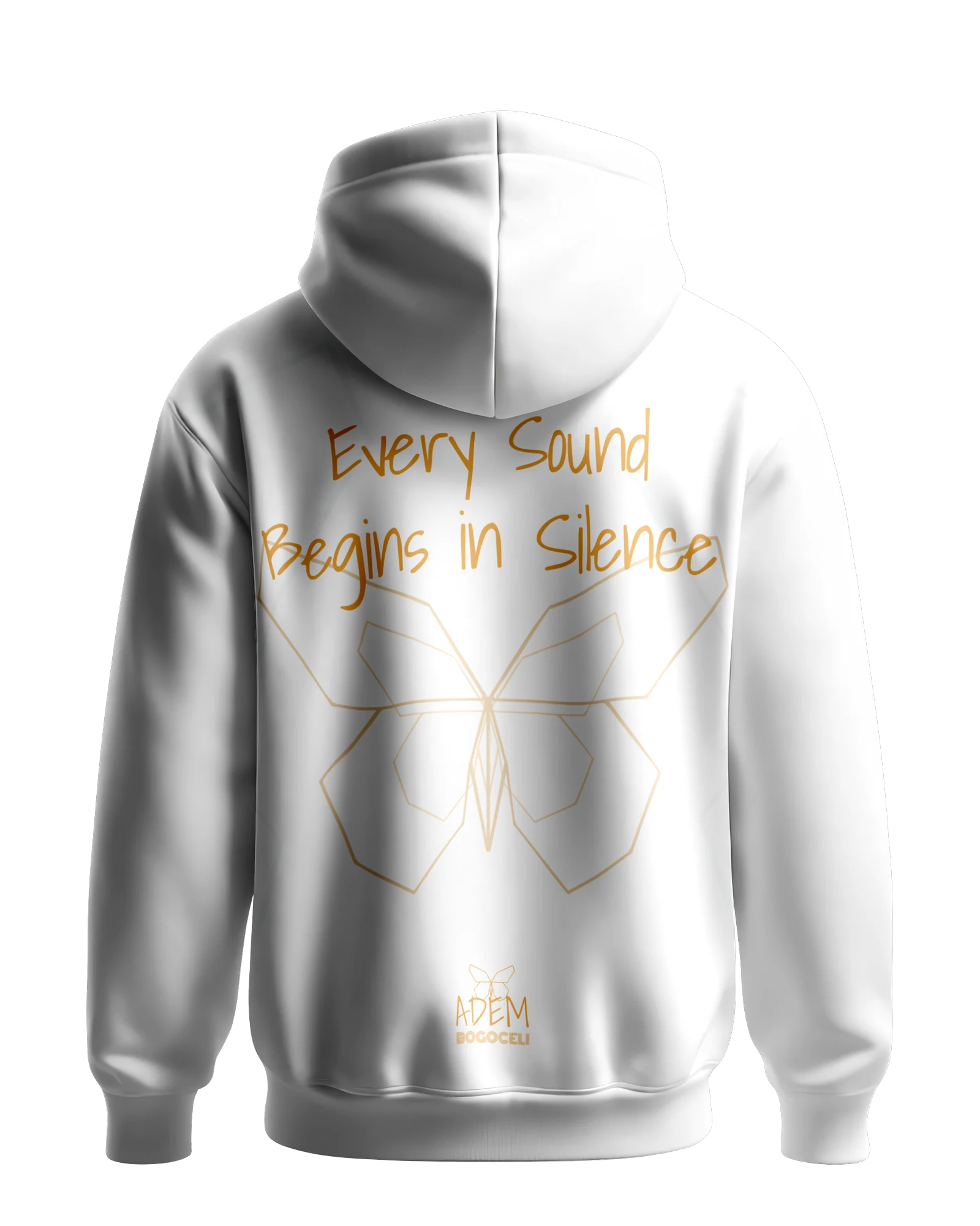 Weißer Hoodie ADEM BOGOCELI AWAKENING Silent Verse, Rückenansicht mit Schmetterling-Print, Printvariante Orange